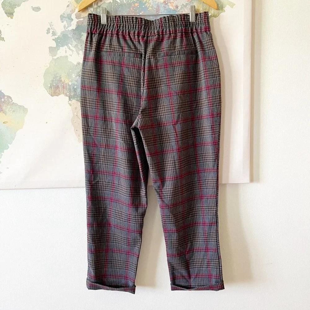 Altar'd State Pants Sz Medium Plaid Trousers Pull On Cuffed Blue Red Tan Belted